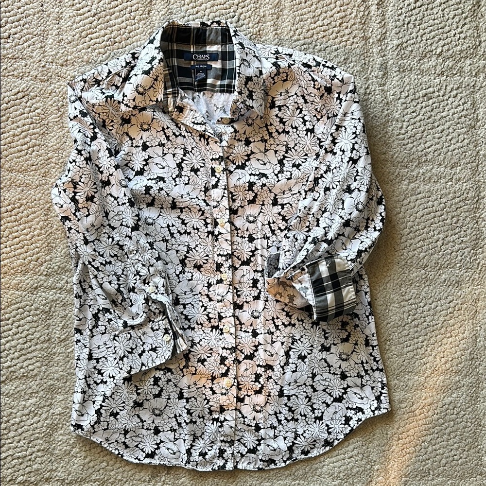 Chaps Black & White Floral Print With Plaid Details Button Down Collar Blouse